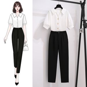 Pants Summer Casual Pants Suit Female Plus Size 2022 New Fashion Vneck Chiffon Shirt High midje kostym Pants Professional Twopiece Set