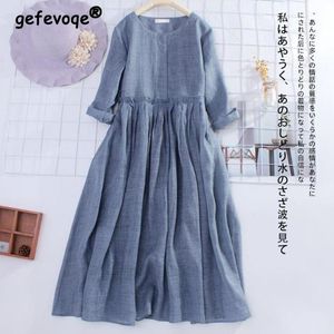 Anzüge Sommer Neue Japan Stil Einfarbig Baumwolle Leinen Kleid Frauen Langarm Vestidos De Fiesta Lose Beiläufige Übergroßen Robe femme