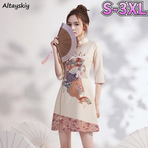 Klänningar kvinnor klänningar vintage tryckt stativ krage kinesisk stil fjäder reformerade mönster miniklänning retro qipao kvinnlig nyaste vestido