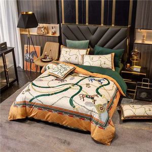 Brand Luxury orange designer bedding sets silk horse printed queen size duvet cover bed sheet fashion pillowcases comforter 2023