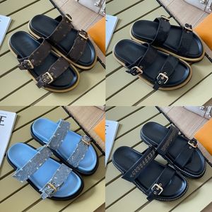 Designer Leather Sandals Women Slippers Flat Mules Cool Effortlessly Stylish Slides 2 Straps with Adjusted Gold Buckles Summer Slipper With box size 35-42