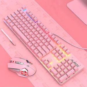 Combos Teclado Mecânico Real Rosa e Conjunto de Mouse com Interruptor Azul Bonito Meninas Esports Gamer Computador Periféricos Teclado
