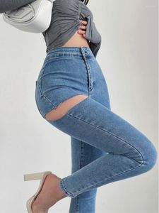Женские джинсы Womengaga Американские пряные девушки сексуальная дыра Слим высокая высокая эластичная эластичная нога брюки брюки модные женщины BOF8