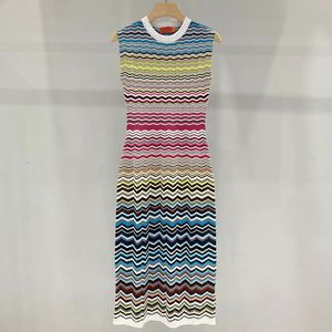 Womens European Fashion Brand Crew Neck Striped Design Sleeveless Knitted Dress