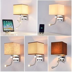 Wandleuchte, modern, einfach, USB-Anschluss, zum Aufladen, Schlafzimmer, Nachttisch, quadratisch, Stoffleuchte mit LED-Scheinwerfer, Wippschalter