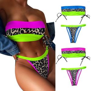 Women's Swimwear European And American Leopard Stitching Sexy Top Tie Bikini Split Swimsuit High Waist Thong