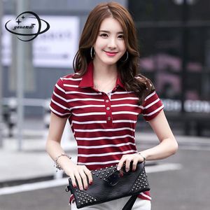 Polos kvinnor Polo skjortor Summer M4XL Kvinnliga toppar TEES Kort ärm Turndown Collar Randig Loose Ladic Ladies kläder 47