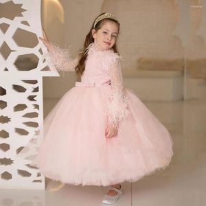 Girl Dresses Sparking Pink Flower Full Sleeve Sequined Feather Kid Birthday Party Gowns Christmas Dress