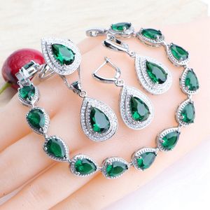 Sets Drop Green Zircon Jewelry Sets for Women Bridal Sier Earrings Stones Bracelets Rings Pendant Wedding Necklace Set