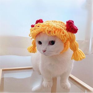 猫の衣装ペットの帽子を着るかわいい黄色の編組ヘッドギアポメラニアの弓の装飾ヘアアクセサリー