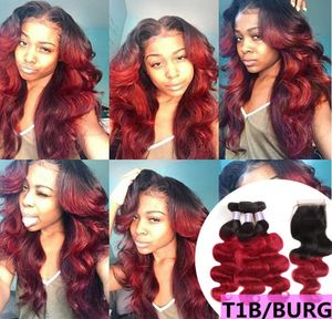 Ishow Ombre Colored Hair Weaves Weft Extensions 3 Bundles with Lace Closure Bug 30 T1B27 T1B99J Body Wave Human Hair Straight B1698164