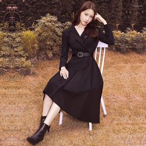 Casual Dresses Korean Stars Style 2023 Fall Women's Clothing Suit Collar Lång ärm Svart midja-kontrollerad snörning Midi Dress Office