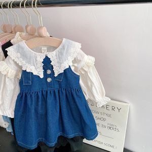 Zestawy odzieży Dziewczyny Spring Denim Suspirt Suit 2023 Doll Kołnierz Koszulka Dwuczęściowa Butique Butique Simple Style