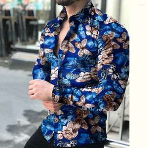 Mäns casual skjortor sommar män skjorta vintage fjärilar tryckknappar manlig långärmad lapel topp lös fest streetwear