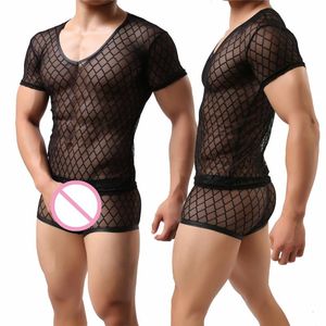 Men's Tracksuits Sexy Mens Clothes Set Mesh See Through Shirt Men Underwear Male Undershirts Hollow Out Fitness Tops Boxer Shorts Underpants