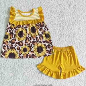 Partihandel barn barn baby flicka kläder set solros tryck boutique små flickor sommarkläder kläder söta småbarn barn outfit kort ärm ruffle shorts uppsättningar