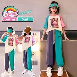 Clothing Sets Summer Girls Cotton Contrast Cartoon T-shirt Tops Loose Drawstring Pant Set School Kids Tracksuit Child 2PCS Outfit Suit