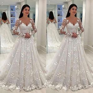 2023 Sexy Women Wedding Dress White Lace Long Dress Deep V-neck Long Mesh Lace Sleeve A-line Pleated Floor-length Dresses