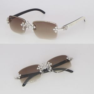 Moissanit-Diamant-Set, randlose Sonnenbrille, Damen-Sonnenbrille mit großen Steinen, 5 Karat Diamant-Sonnenbrille, original weißes Büffelhorn, Herren- und Damen-Luxus-Rick-Ross-Sonnenbrille, Größe 58, neu