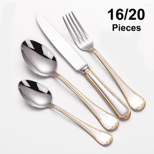 Set di posate 4/8/12/16/20pcs Posate d'oro Stoviglie occidentali Set da tavola in acciaio inossidabile Specchio Nastro Coltello Forchetta Cucchiaio Lavastoviglie Sicurezza