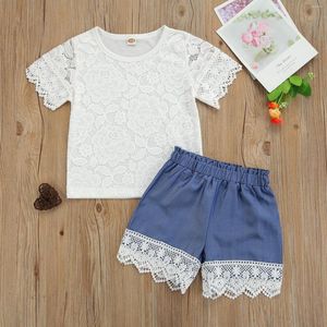 Kleidung Sets 2 stücke Kinder Baby Mädchen Sommer Outfit Kleinkind Spitze Oansatz Kurzen Ärmeln T-Shirt Nähte Elastische Taille Denim Shorts kleidung