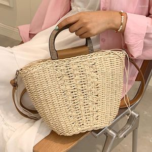 Evening Bags Summer Beach Straw Rattan Shoulder Bucket Crossbody With Short Wooden Handle 2023 Ladies Handbags And Purses