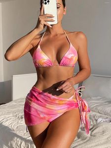 Kvinnors badkläder söt sexig tjej tie-dye tryck bikini 3st. Set kvinnor baddräkt bind upp halter bh trosor wrap kjol halsduk baddräkt