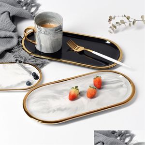 Diskplattor Guldplätering Keramik Marmorförvaringsbricka Black White Europe Mat Fruktfrukost Oval Plate Smycken Dessert Dish Dec Dh8lx