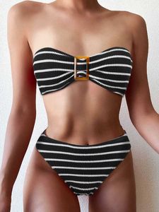 Swim Wear Striped Textured Bandeau Bikinis 2023 Women Sexy Swimsuit Push Up Swimwear Fa Bathing Suit Swimming Summer Beachwear AA230529