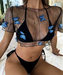 Pływanie noszenie damskie stroje kąpielowe yiiciovy Summer Sexy Ladies Bandage Micro Swimsuits Low Cut 3pcs Bikini Sets + 3D Butterfly Cover-Up Top Zestaw strojów kąpielowych Femme AA230529