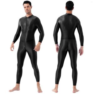 Gymkläder Mens i ett stycke Double-End-blixtlås Crotch Leotard Bodysuit Shimmery Smooth underkläder Hög hals Långärmar Ankellängd