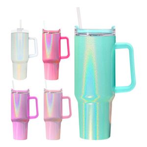 US Warehouse 40oz sublimation Glitter Tumbler Shimmer Glossy Outdoor Sports Vattenflaska med handtag lock halm rostfritt stål vakuum resor 20 st/fodral