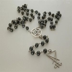 Ketten Gothic Rosenkranz mit Hämatitkörnern Edelstahl Lucyfer Anhänger Metall Pentagramm Charm Heidnischer Hexenschmuck Geschenk