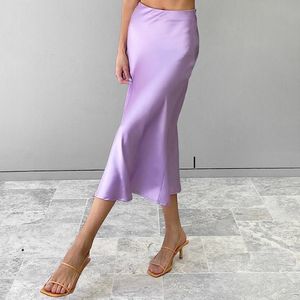 Skirts Summer Solid Purple Satin Silk Skirt Women High Waisted Summer Long Skirt New 2023 Elegant Ladies Office Skirts Midi Spring