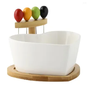 Dinnerware Sets Fruit Bowl Fork White Dessert Platter Serving Plate Wooden Ceramics Salad Household Tableware