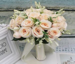 Wedding Flowers Bouquet With Silk Satin Ribbon Pink White Champagne Bridesmaid Bridal Party Holding FlowersArtificial Natural Rose7409797