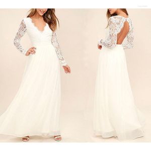 Casual Dresses CFFD-068 2023Y Fashion V Neck Full Sleeve White Women Dress Lace Tulle Stitching Long Slim Fit Party