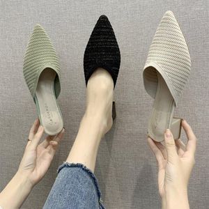 Slippers Pointed Toe Casual Med Shoes Slides Slipers Women Square Heel Luxury Cover Summer Block Basic Fabric Rome Slipper