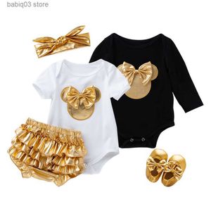 Pagliaccetti 4 pezzi / set Baby Girl Pagliaccetto Abbigliamento Set Tuta di cotone Golden Ruffle Bloomers Pantaloncini Scarpe Fascia per capelli Vestiti per neonato Costume T230529