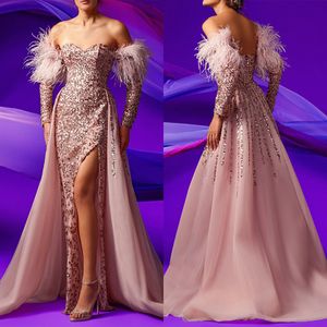 Glamorous Mermaid Prom Dresses Sweetheart Off Shoulder Feathers Shining Applicants Backless Side Split Gown Custom Made Plus Size Party Dress Vestido De Noite