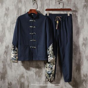 Männer Trainingsanzüge Chinesischen Stil Retro Tang Anzug Baumwolle Leinen Patchwork Plus Größe Gedruckt Hanfu Männer Kleidung 2023 Druck Kleidung 5XL Männlich