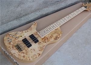 Mancino 4 corde Colore del legno naturale Basso elettrico Burl Spalted Maple Top One Piece Neck Through Ash Body 9V Batteria Pickup attivo Tastiera in acero