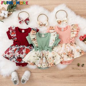 Rompers 0-18 miesięcy nowonarodzonego dziecka Summer Summer Baby Baby Short Sleeve Top+drukowana spódnica z opaską na głowę Baby Girl Ubrania Niemowlęta T230529