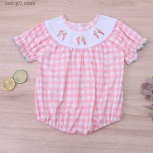 Rompers 0-3T Newborn Infant Baby Girl Clothes Pink Plaid Rompers With Cartoon Shoes Embroidery Summer One-pieces Bodysuit 2023 Hot T230529