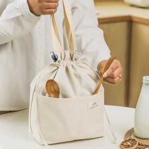 Storage Bags Large Capacity Drawstring Canvas Insulated Lunch Bag Thicken Thermal Bento Box Tote Cooler Handbag Picnic Food Dinner Container