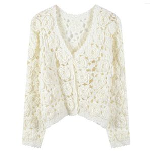 Women's Knits Korean Trendy Handmade Rose Crochet Cardigans For Women Sweater Coat Knitting Crop Tops V-Neck Hollow Out Cardigan Y2k