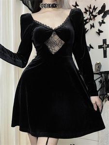 Lässige Kleider 2023 Spitze Vintage Edge V-Ausschnitt Langarmige hohe Taille knielange schwarze Kleid Halloween Cosplay Kostüm Gothic Pleisse Frauen