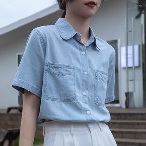 Kvinnor BLOUSES Summer French Fashion Elegant Button Pocket Vintage Loose Short Sleeve All-Match Light Blue Women Denim Shirt för Z277