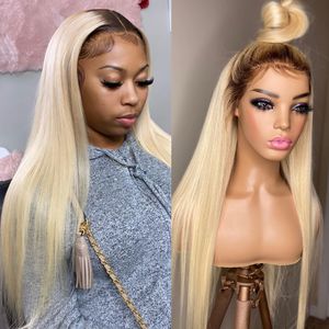 613ブロンドレースフロントヒューマンヘアウィグHD Glueless Brown Root Straight 13x4 30inch Preplucked Colored Human Hair Lace Frontal Wig