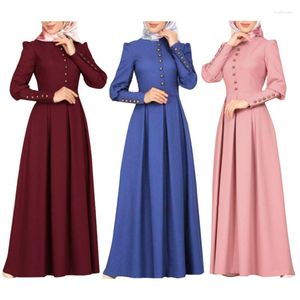 Ethnic Clothing Solid Color Muslim Woman Abaya Dubai Slim Dress Big Swing Long Sleeve Crewneck Buttons Vintage Veiled Dresses Formal